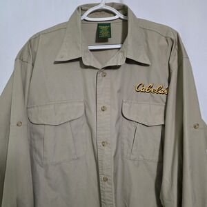 Cabela's Mens Button Up Fishing Shirt L Khaki Long Sleeve Outdoor‎ Utility